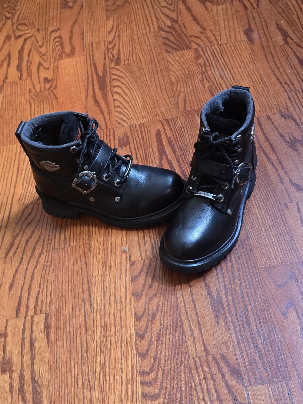 Harley Davidson Womens Size 7 Black Leather Motorcycle Boots Buckle Ankle.